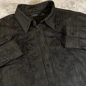 Vintage Lauren Ralph Lauren Black Rose Embroidered Button Up Shirt | 2X